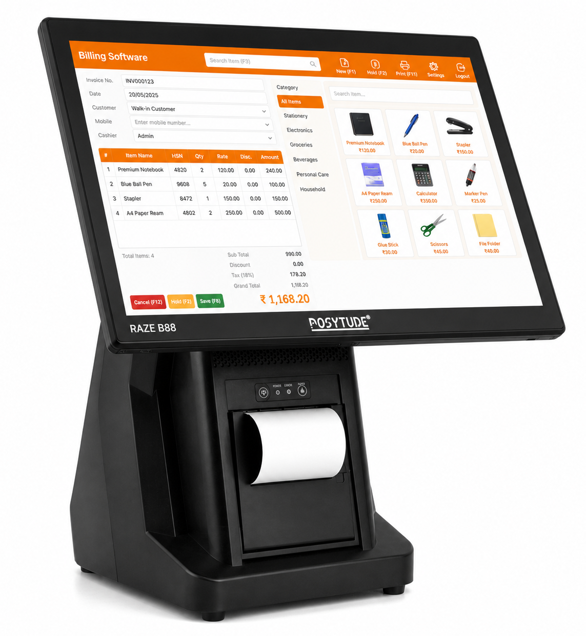 Raze B88 Core i3, 8GB, 128GB mSATA, Touch Screen Point of Sale Billing Machine
